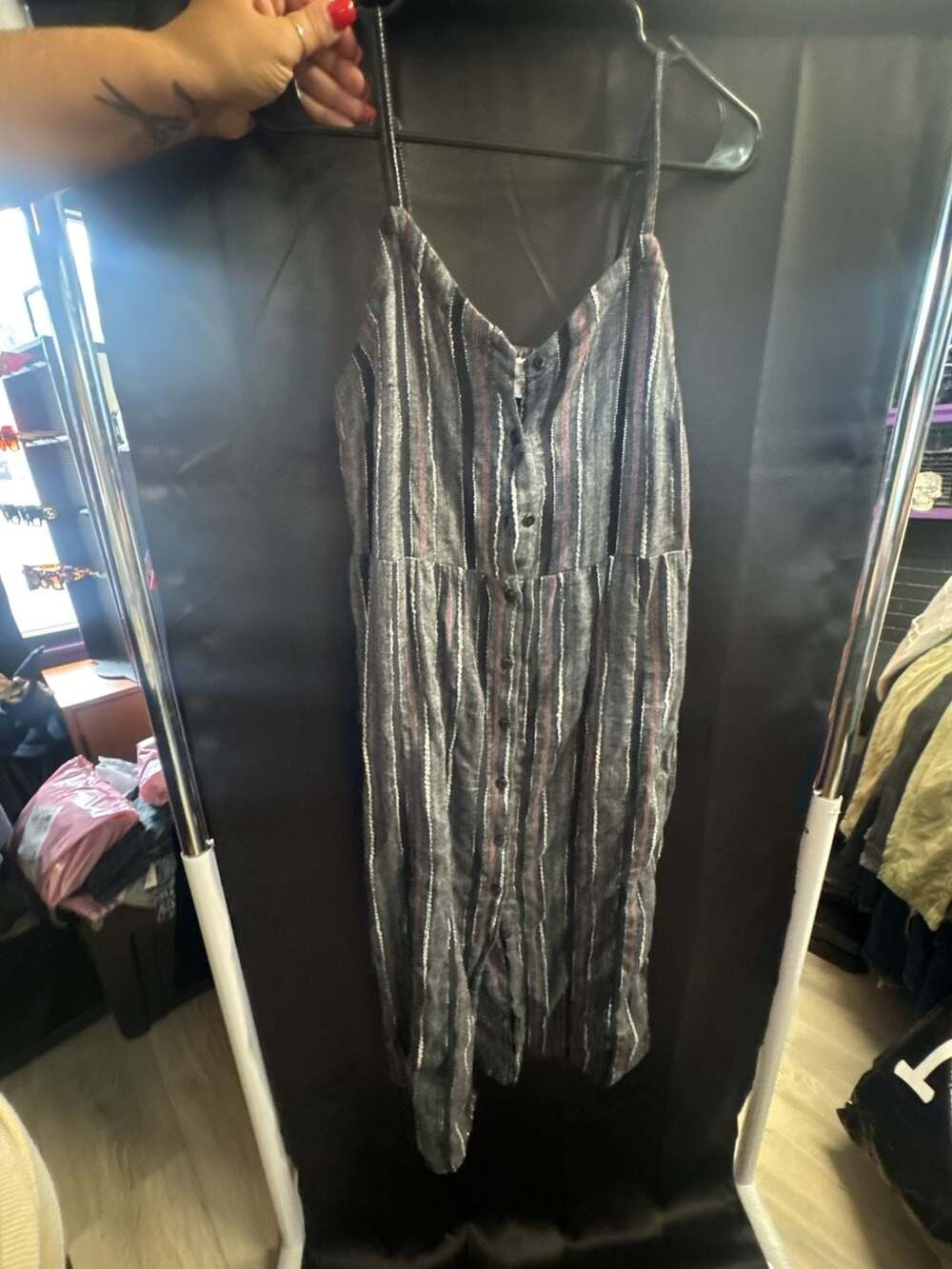 Susina Vertical Striped Button-Down Spaghetti Strap Midi Dress
